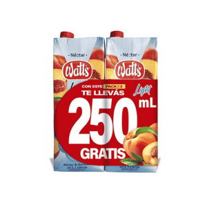 Jugo Watts Tetra de Durazno Light x 2 de 1.500 ml.